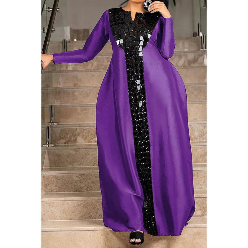 Plus Size Purple Black Semi Formal Dress Black Satin Sequin Evening Dresses V Neck Long Sleeve Maxi Dress