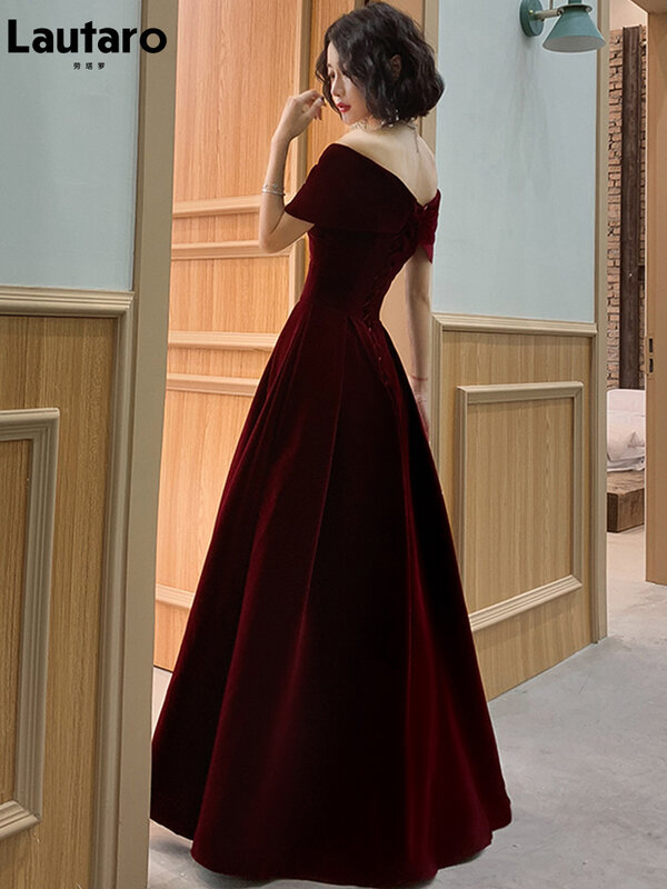 Lautaro primavera longo luxo elegante vinho vermelho macio veludo vestidos de noite festa de casamento para as mulheres 2022 fora do ombro maxi vestido