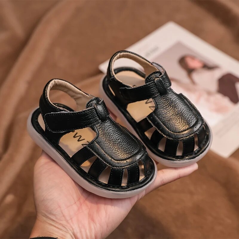Sepatu sandal kulit asli untuk anak bayi, sepatu pantai asli kartun Sol empuk antiselip, sepatu kasual musim panas untuk anak bayi balita laki-laki dan perempuan