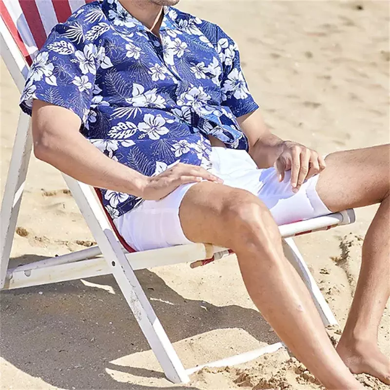Camisa havaiana de manga curta masculina, solta respirável, Impressão 3D, Botão, Azul, Branco, Botão de praia extragrande, 5XL, Verão, 2023