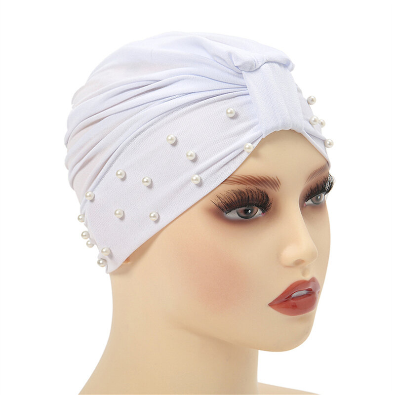 2Pcs/set  Women Turban Hat Muslim Hijab Islamic Beads Cancer Chemo Cap Ladies Hijab Stretch Head Wrap Head Scarf Hair Loss
