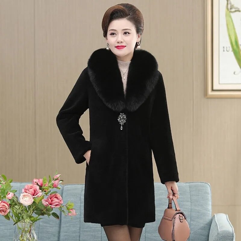 คุณแม่วัยกลางคนขนสัตว์ฤดูใบไม้ร่วงฤดูหนาว Faux Fur Overcoat หญิงเลียนแบบ Mink Warm Outcoat Faux Fox ขนสัตว์ Lambhair Coat