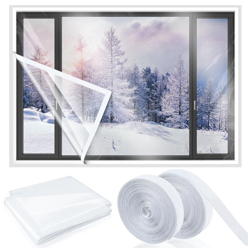 접착 스트랩이 있는 절단 가능한 투명 필름 창문 단열 키트, 겨울용 재사용 가능 창문 플라스틱