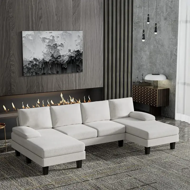 أريكة مقطعية قابلة للتحويل مع وسائد رمي ، 4 مقاعد ، نسيج بسيط حديث ، على شكل حرف U ، وحدات ، غرفة المعيشة