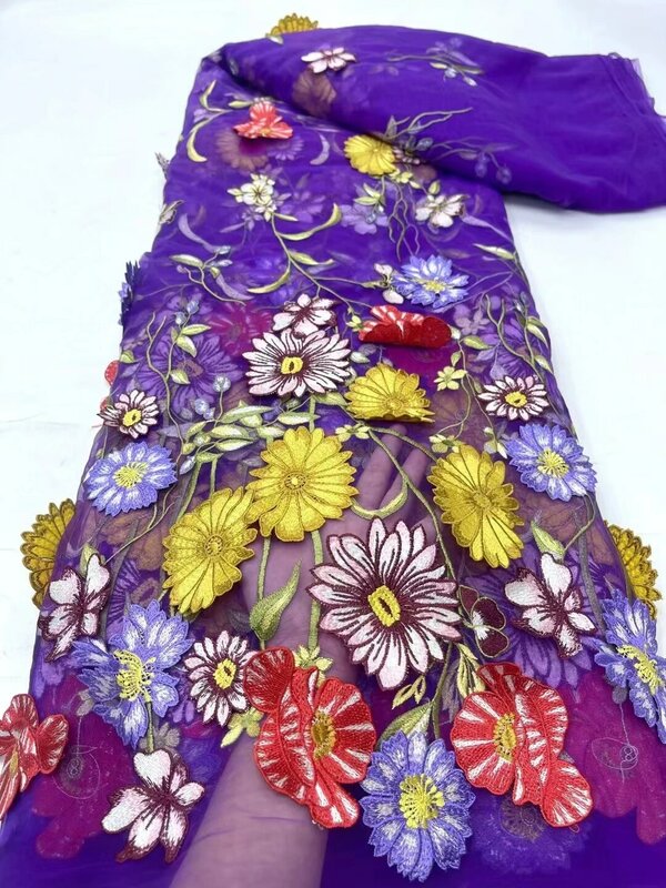 Flor africana 3d tecido de renda para mulheres vestido, francês malha, nigeriano, tule, bordado, alta qualidade, mais recente, 2024