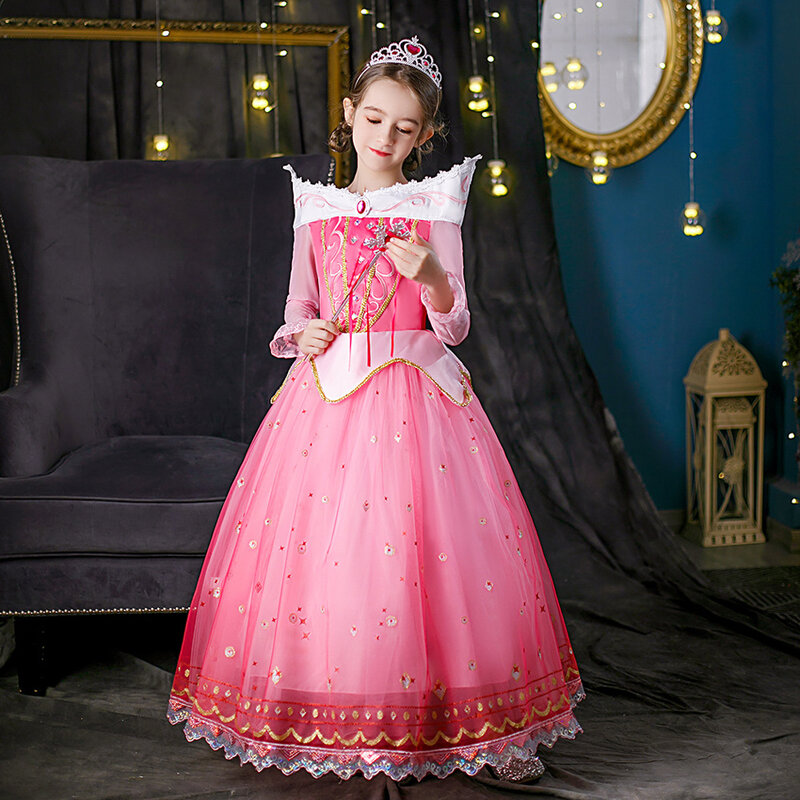 Baju putri Aurora anak perempuan, baju Putri Aurora lengan panjang bahu terbuka jubah renda anak cantik hadiah Natal