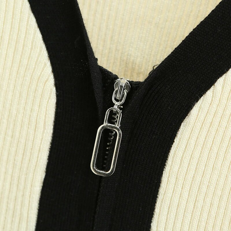 Suéteres básicos de talla grande 4XL para mujer, cárdigan de punto con cuello en V, cálido y ajustado, con cremallera de Color bloque, primavera 2023