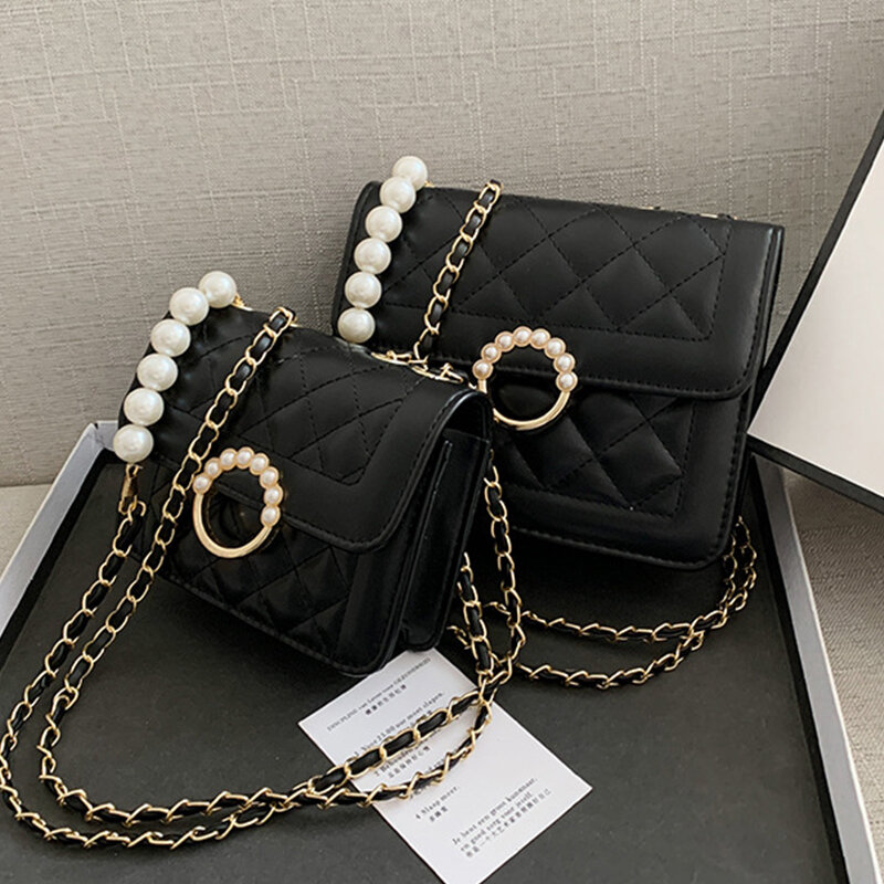 2 größen Mode Frauen Tasche Geprägte Flap Bag Mini Handtaschen Für Weibliche Frau Geldbörsen Perle Kette Umhängetasche Schulter Tasche Weiß schwarz