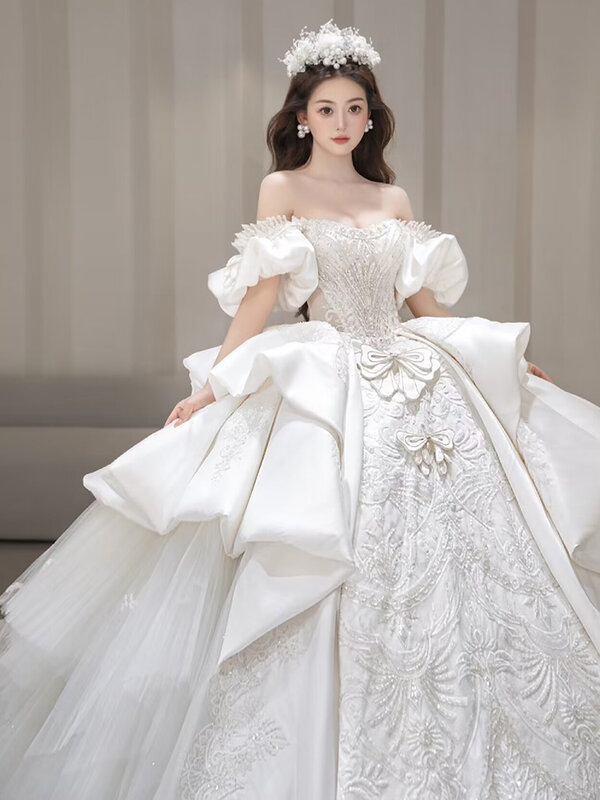 Sexy schulter freies Hochzeits kleid neue Satin Brautkleid Prinzessin Luxus Spitze Stickerei vestido de noiva benutzer definierte Pluse Größe