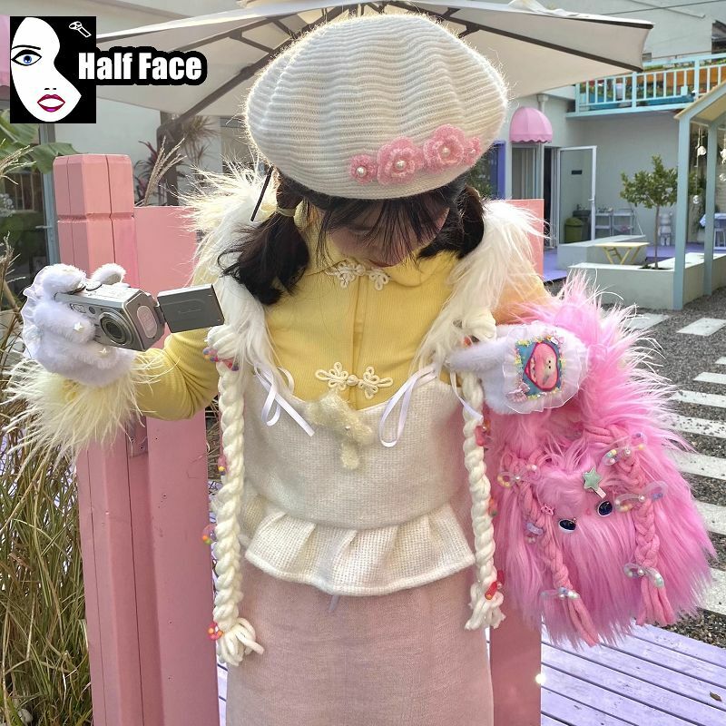 Y2K Spicy Girls Harajuku Women’s Gothic Furry Punk Plush Little Braided Dog One Shoulder Lolita Mini Winter Crossbody Bags Tote