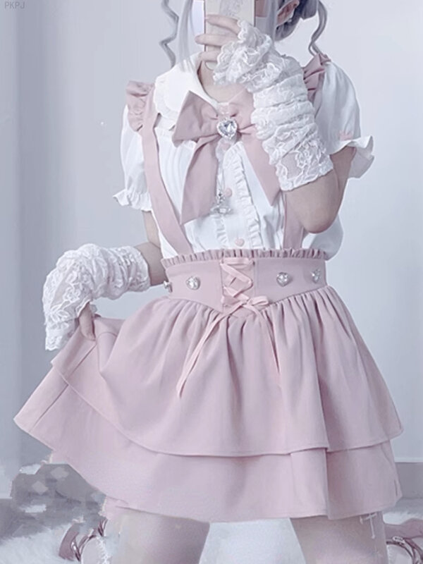 Japanse Lolita Kawaii Strik 2-delige Set Dames Koreaanse Lieve Jarreteljurk Pak Dames 2024 Blouse Lange Mouwen Feest Mini Jurk