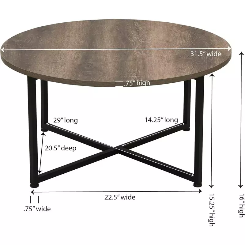 Okrągły stolik kawowy z drewna popielnego rustykalne ziarno drewna i czarny Metal 31.5X31.5, Taupe, meble do salonu