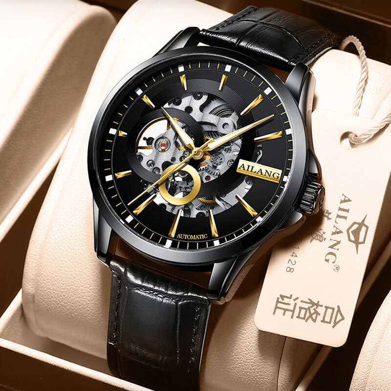 AILANG Fashion Men Automatic Mechanical Watch Skeleton Steampunk Mens Self Winding Wrist Watches Men Leather Band Reloj Relogio