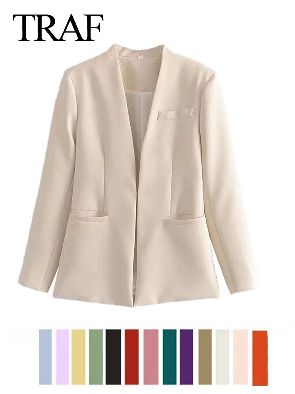TRAF-blazer simples feminino, manga comprida, roupa entalhada para senhora do escritório, casaco formal monocromático, bege e preto, moda vintage, 2023