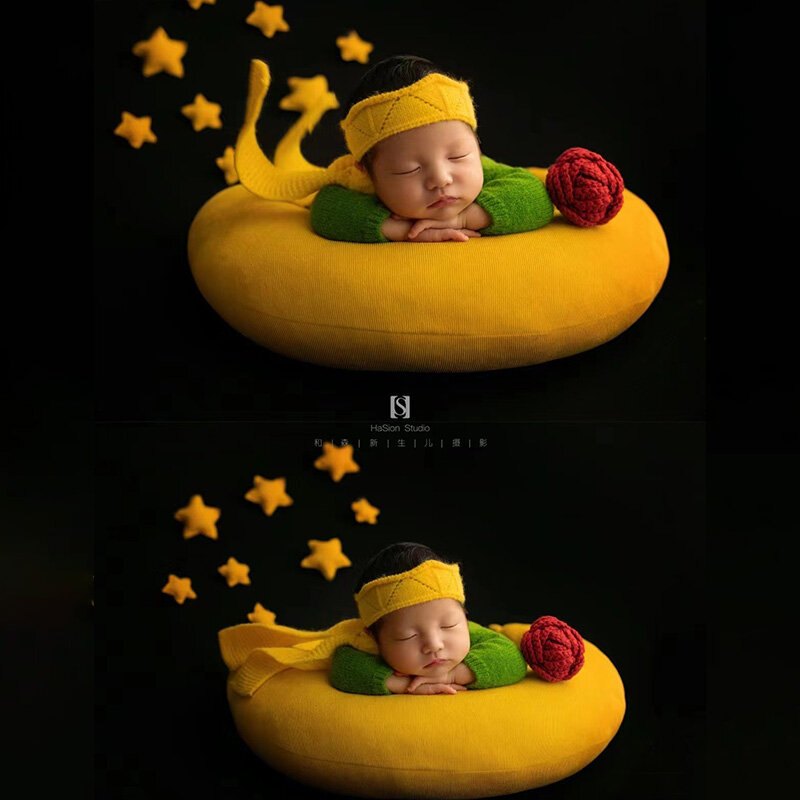 니트 신생아 사진 의상, 어린 왕자 테마, 긴팔 코스튬, 아기 촬영 소품 베개, 스타 로즈 액세서리