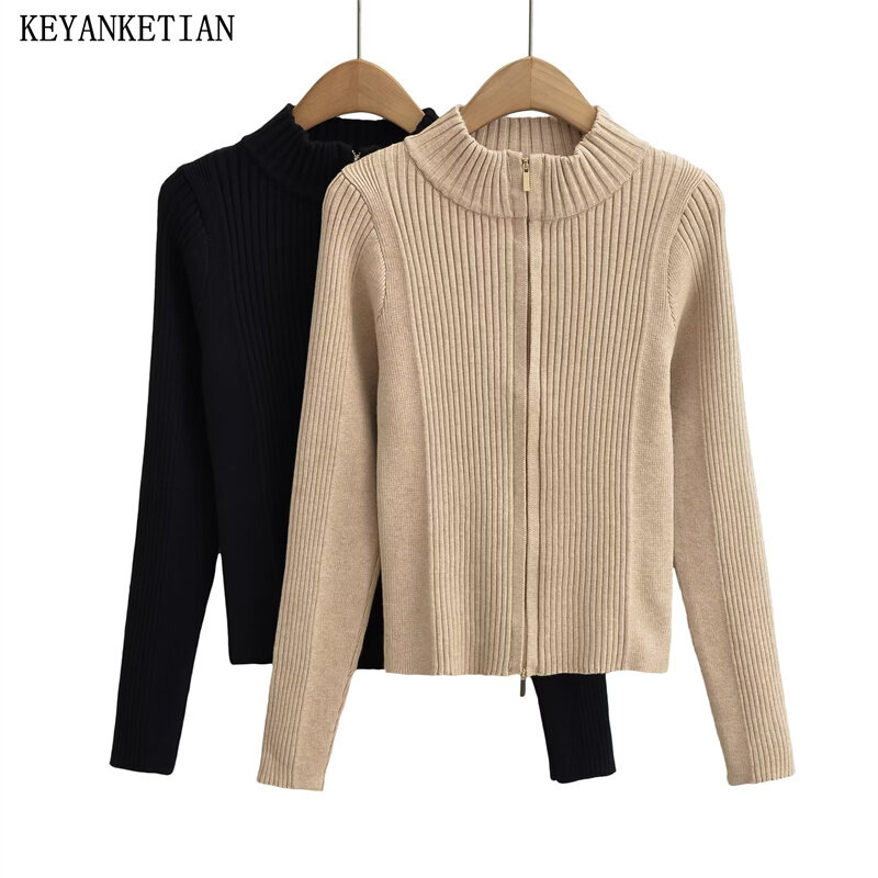 Keyanketian เสื้อถักเข้ารูปซิปคู่ของผู้หญิงอเมริกาแบบย้อนยุคเสื้อสเวตเตอร์คอปกางยืดหยุ่นเสื้อครอป