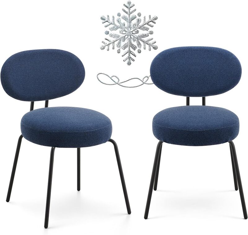 Sillas de comedor de tela moderna, Juego de 2 asientos tapizados con respaldo curvo y asiento redondo, color azul