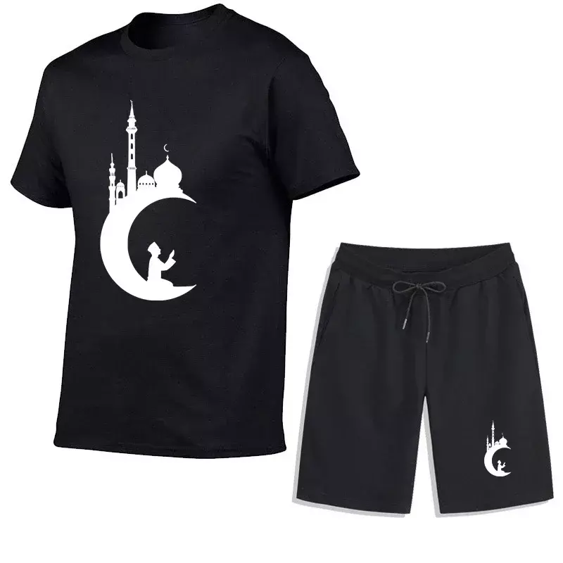 メンズ半袖シャツとパンツのセット,プリントされたイスラム教徒のスタイルのスポーツウェア,快適なTシャツ,ストリートウェア,通気性のあるファッション,夏