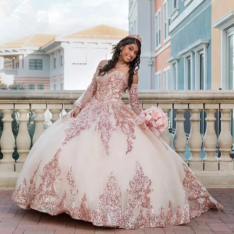 Mexican Rose Gold Vestidos De 15 años Quinceanera Dresses With Removable Sleeves Sequin Applique Sweet 16 Dress Long Prom Gown