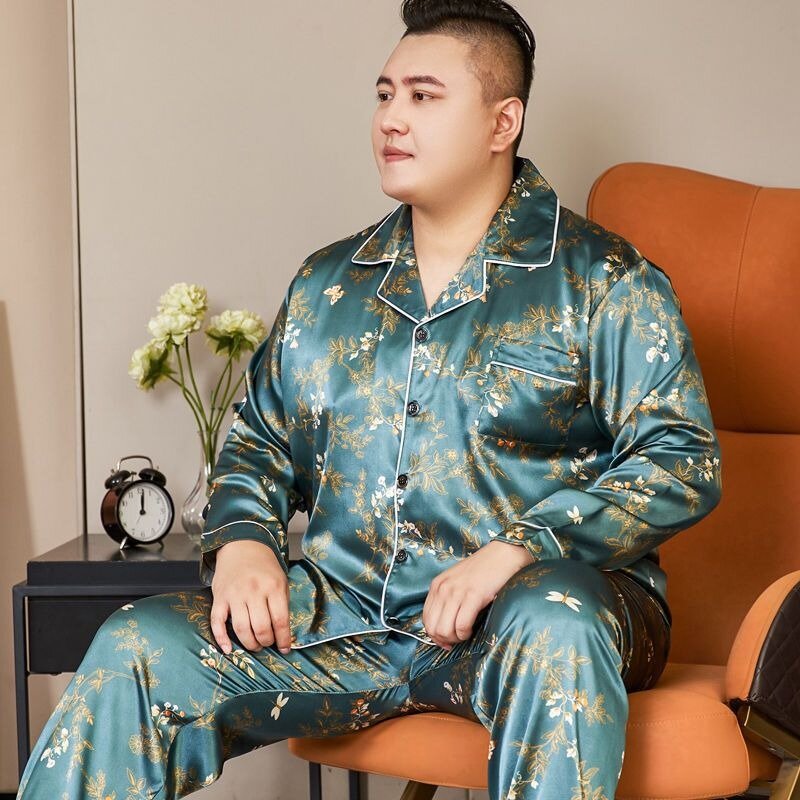 Conjunto de pijamas manga comprida de seda gelo masculino, camisola solta, pijama estampado com lapela, plus size casual, primavera, outono