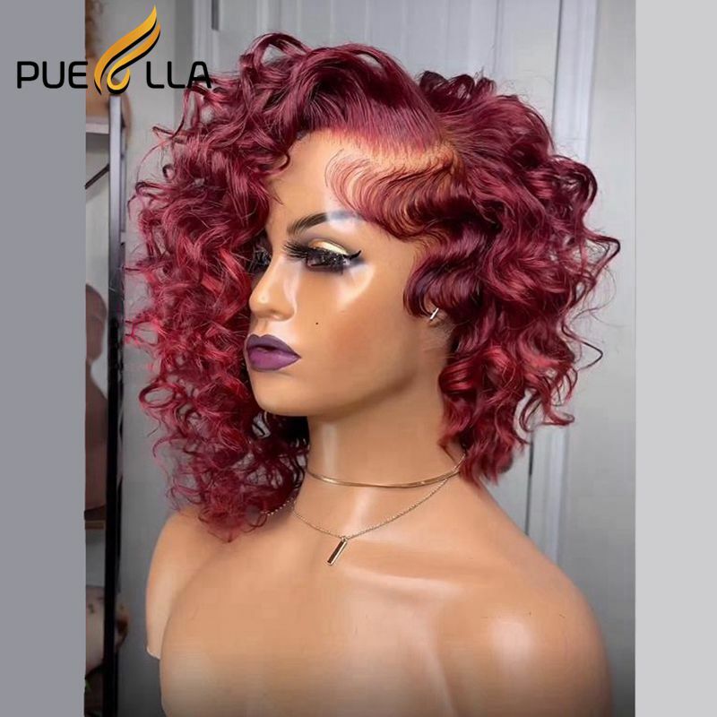 Głębokie kręcone bordowy czerwony kolor krótkim fryzura Pixie 360 peruka na koronce ludzkich włosów miód blond brązowy Bob peruki typu Lace front dla kobiet