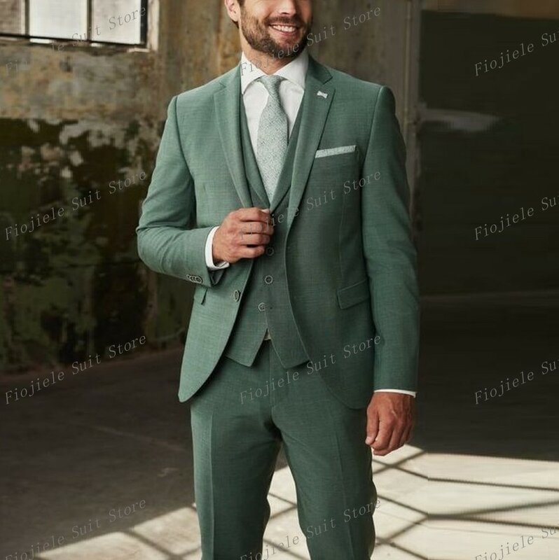 Smoking formal verde claro masculino, jaqueta, colete, calças, negócios, baile de formatura, noivo, padrinho, festa de casamento, conjunto de 3 peças, masculino