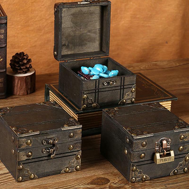 ريترو صندوق خشبي الكنز مع قفل ، مجوهرات خمر ، صندوق تخزين صغير للمنزل ، هدية للأطفال ، سطح المكتب