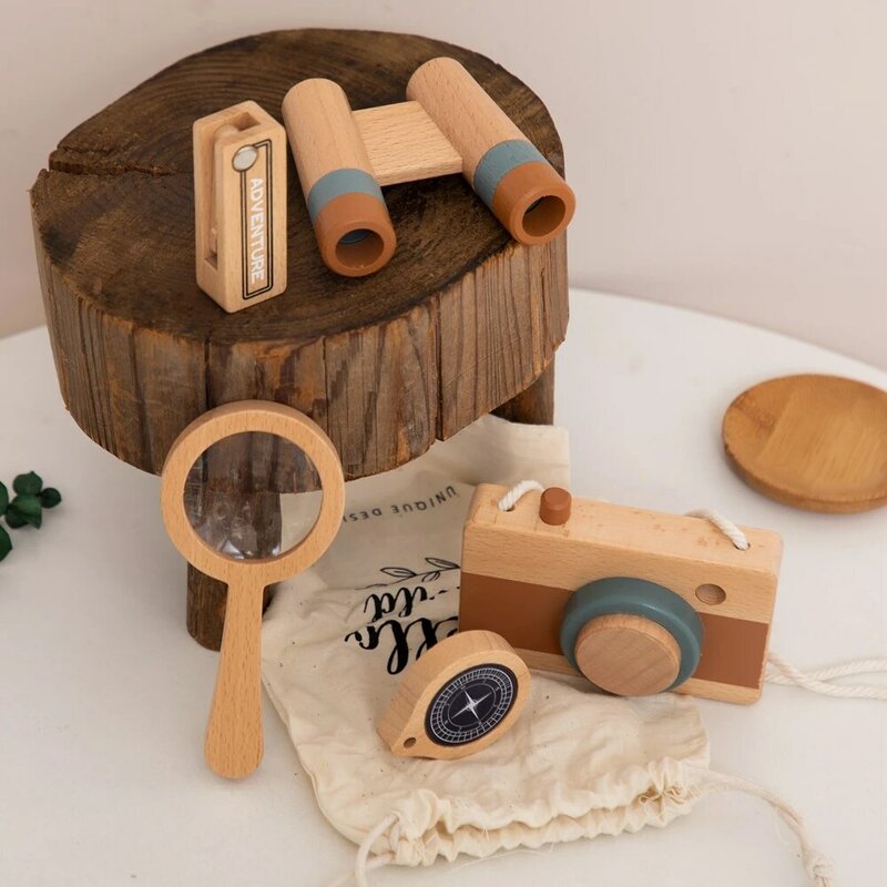 어린이 야외 모험 세트 장난감 나무 카메라 돋보기 망원경 나침반, 방 장식, 어린이 나무 장난감 선물