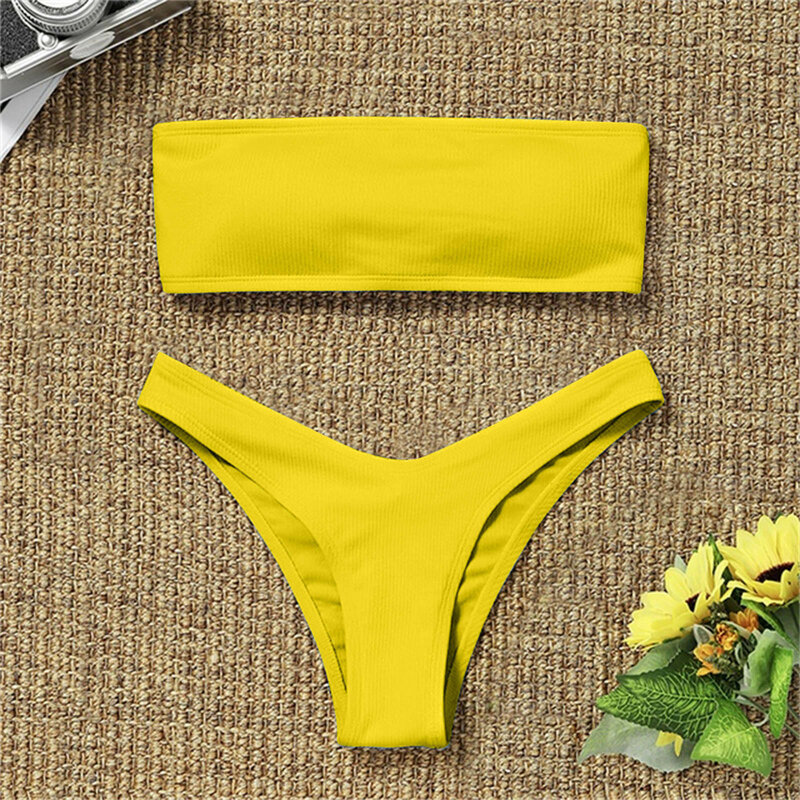Maillot de bain brésilien pour femmes, sexy, bikini, couleur solide, ensemble deux pièces, bustier tubulaire, rembourré, tenue de plage, été, 2023