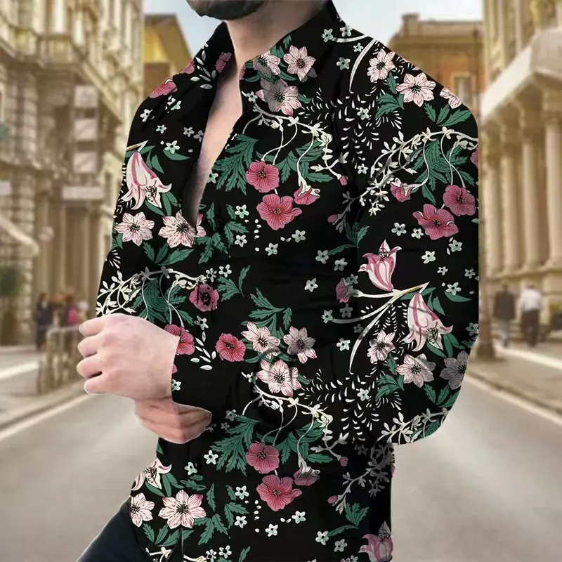 2023 men's clothing flower pattern T-shirt top lapel shirt fashion trend hot sale new retro casual men plus size