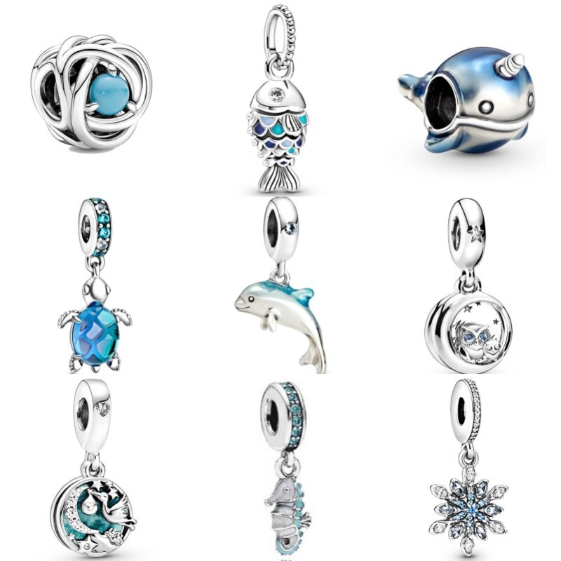 Placcato argento serie azzurro ciondolo perline di fascino misura originale Pandora collana braccialetto portachiavi gioielli fai da te belle ragazze