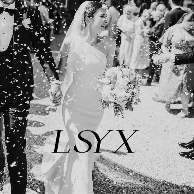 LSYX vestido de novia de sirena de crepé sin hombros para mujer, vestido de novia Simple sin mangas, cremallera, botón trasero, largo hasta el suelo