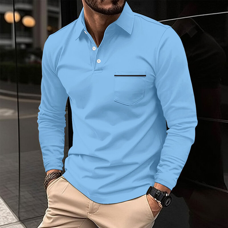 Мужская Весенняя футболка с длинным рукавом и карманом, Повседневная Деловая футболка с пряжкой, модная рубашка поло, 2024