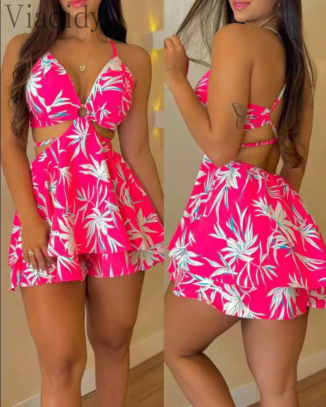 Women Sexy Print Playsuit O-Ring Decor Criss Cross Backless Romper
