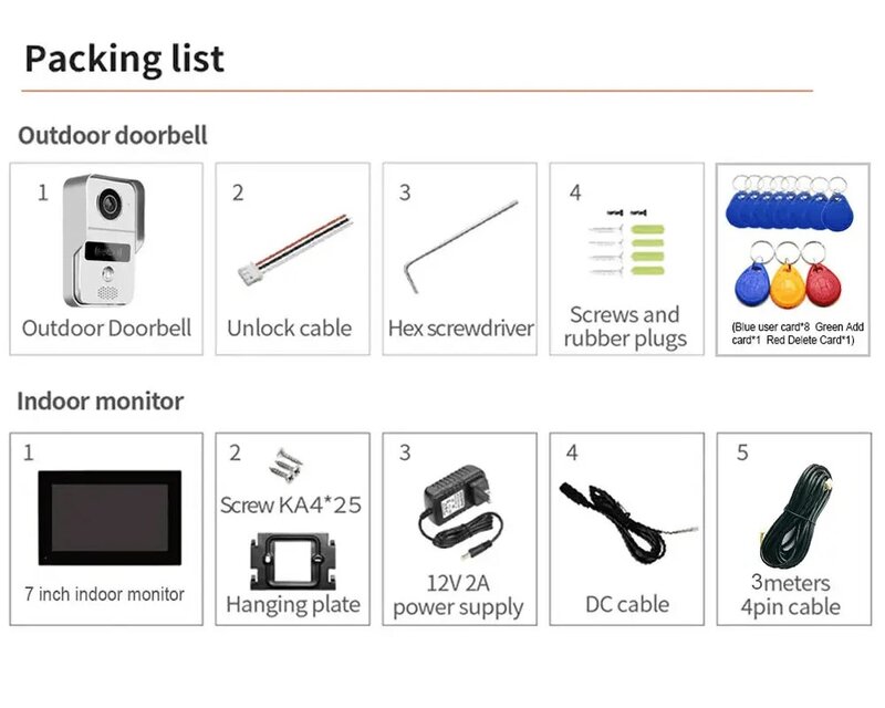 Smart Tuya Video Doorbell, Monitor de 7 polegadas, WiFi, campainha ao ar livre, interfone IP65 à prova d'água, desbloqueio de cartão indutivo, câmera do telefone