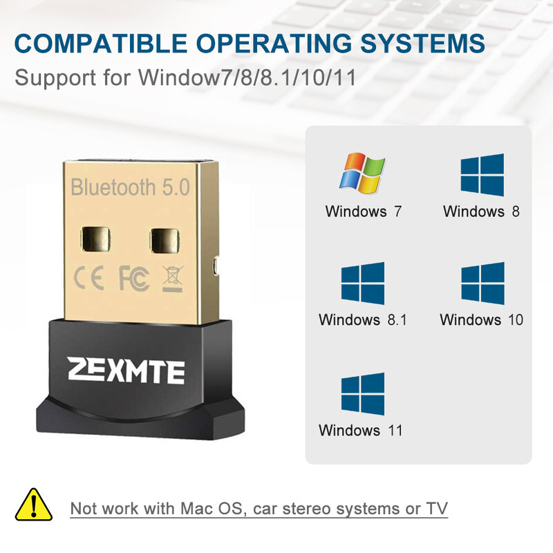 Zexmte-adaptador USB Bluetooth 8/7 para PC, receptor de Audio para auriculares, altavoz y ratón, Windows 11/10/5,1