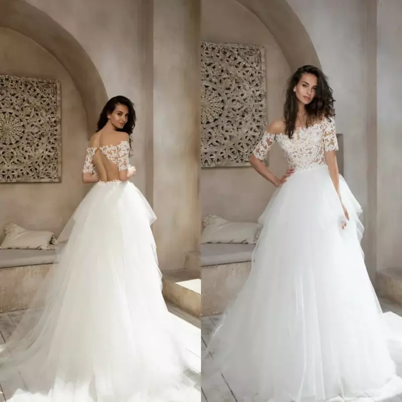 A Line Wedding Dresses Tulle Applique Tiered Skirts Wedding Dresses Back Hollow Floor Length Bribal Gowns Vestidos De Novia