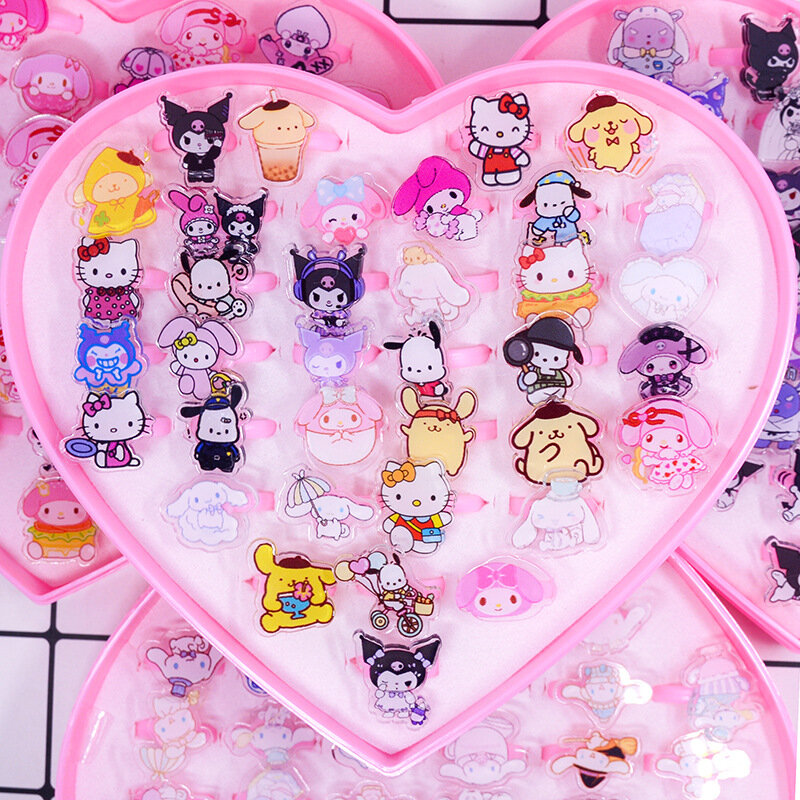 Hello Kitty Anel Ajustável Set para Crianças, Baby Cartoon Anéis, Moda Feminina, Caixa de Coração, Presentes de Natal, Sanrio, 36Pcs