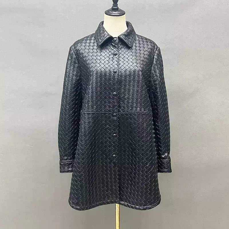 2023 New Design Knitted Leather Coats Long Lady Fashion Sheepskin Leather Jacket Turn Down Collar Streetwear Women Jacket