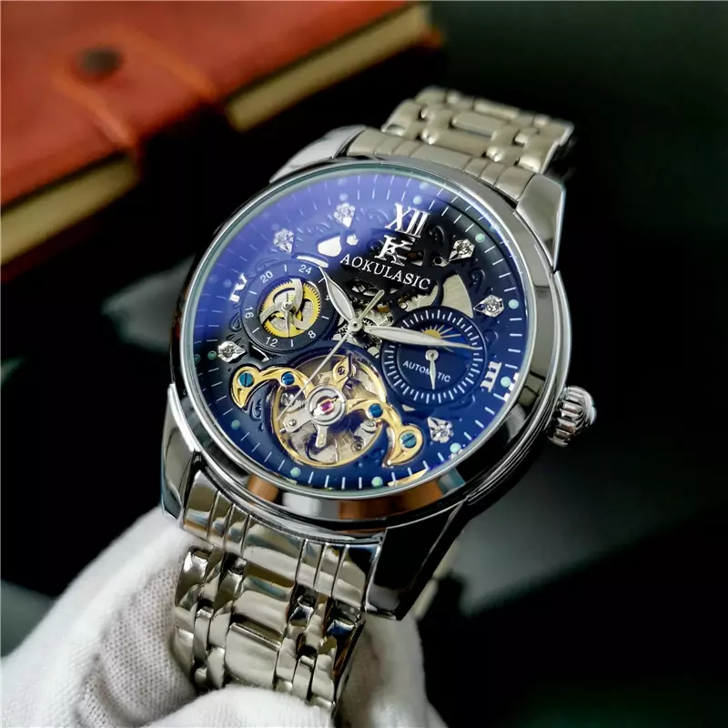 AOKULASIC Men's Mechanical Automatic Watch Luxury Brand Watches Male Tourbillon Fashion Business Sport Hollow Wristwatch 2023