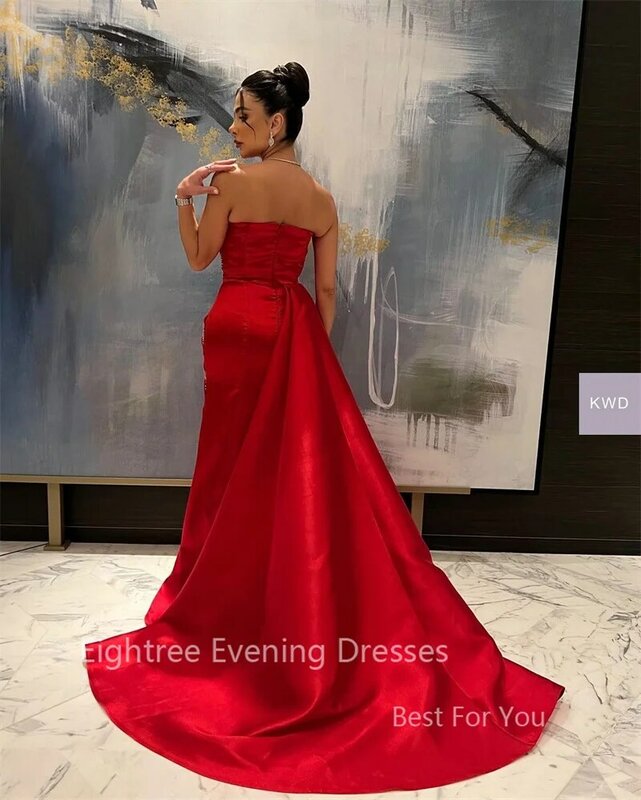 Eightree Shiny Red Beading Satin Evening Dresses Strapless Dubai  Prom Gowns Saudi Arabic Women Wedding Party Dress vestidos