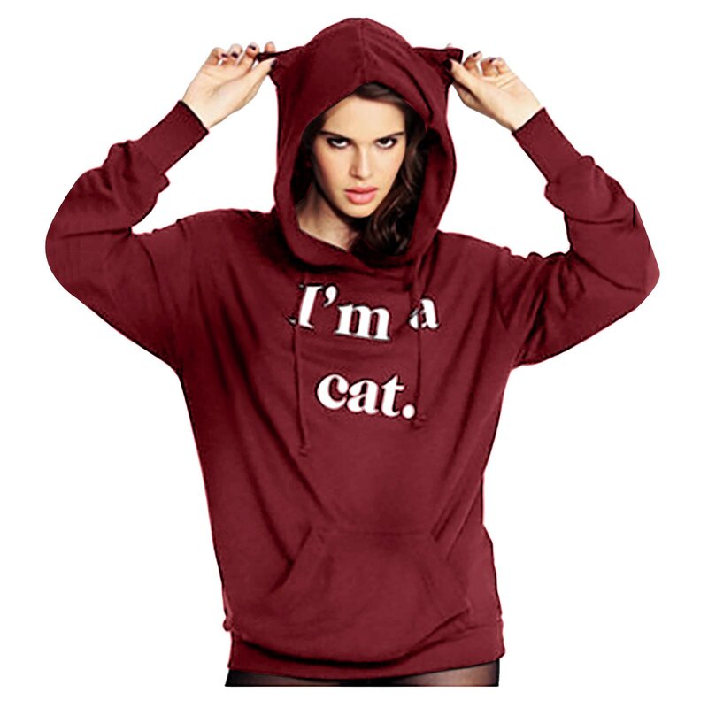 I AM A CAT Printed Cat Ear Hoodies Women Hooded Sweatshirt Jumper Hoody Hoodies Tracksuit Outerwear Fashion Coat Women Tops