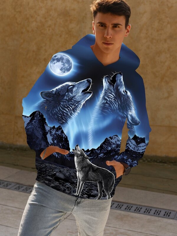 Sweat à capuche imprimé 3D motif loup pour hommes, sweat à capuche de rue tendance de la mode