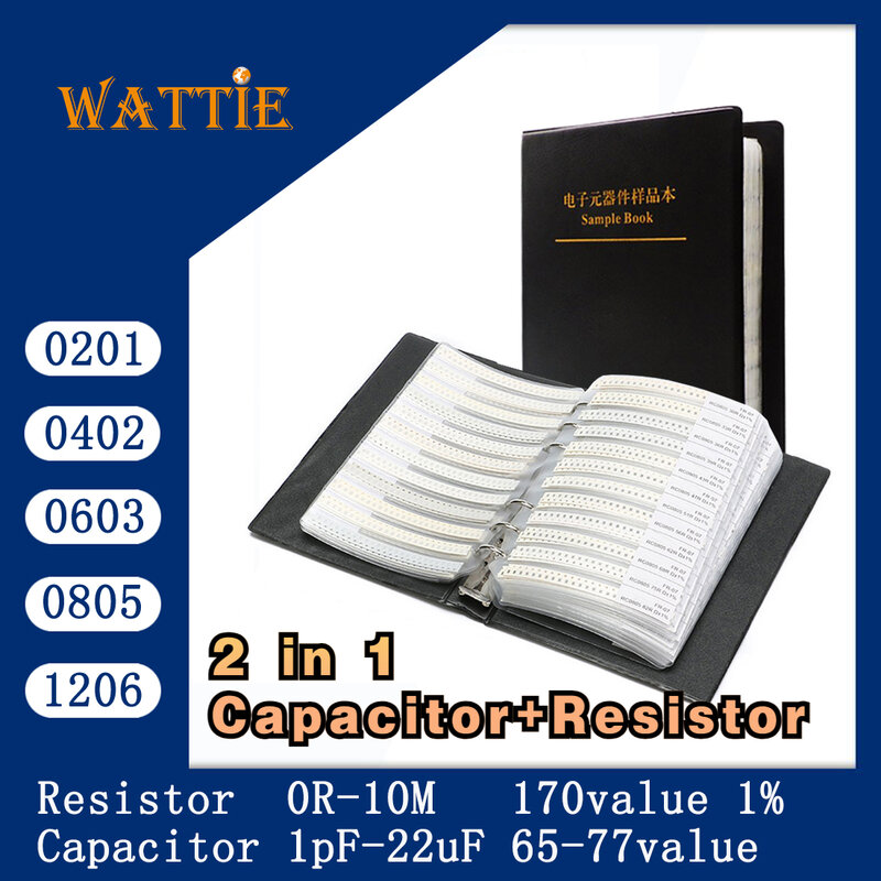 Livro Resistor Capacitor Livro, 2 em 1, SMD Livro, Chip Amostra, 0201, 0402, 0603, 0805, 1206, 170 Valores, 0R ~ 10M, 1% Assorted, 25pcs