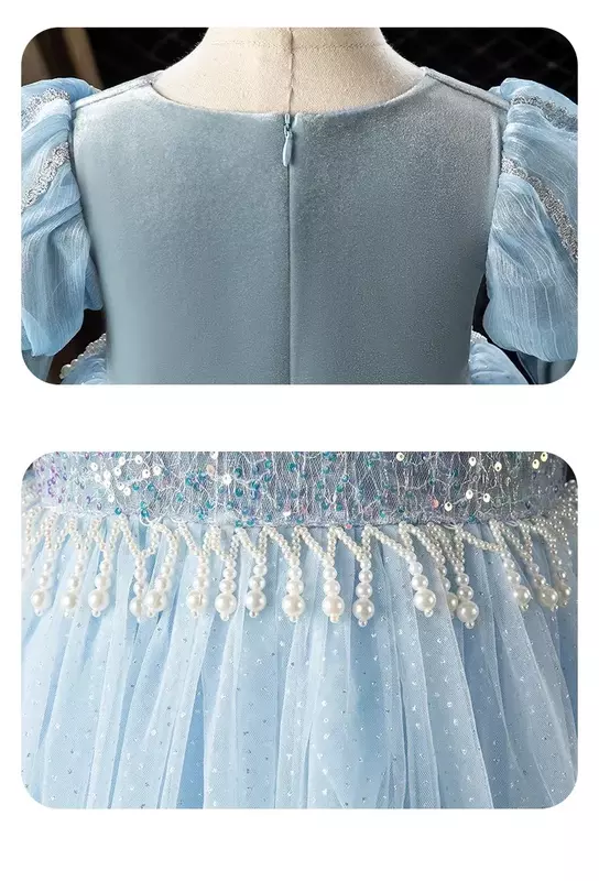 Girl Princess Dress Autumn Velvet Long Sleeves Sequin Elsa Frozen Costume Elegant Blue flower Child Party Frock For Winter Girls