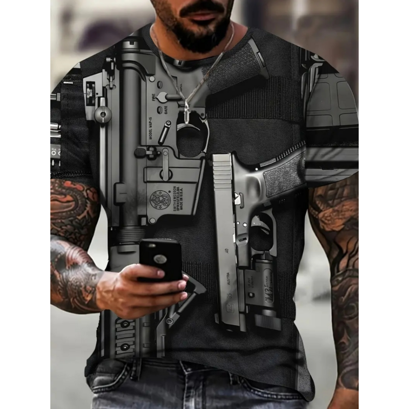 Męska koszulka pistolet Retro lato 3d nadruk główna ulica męska odzież pistolet T-Shirt dla mężczyzn mechaniczna codzienny Top z krótkim rękawem koszulka