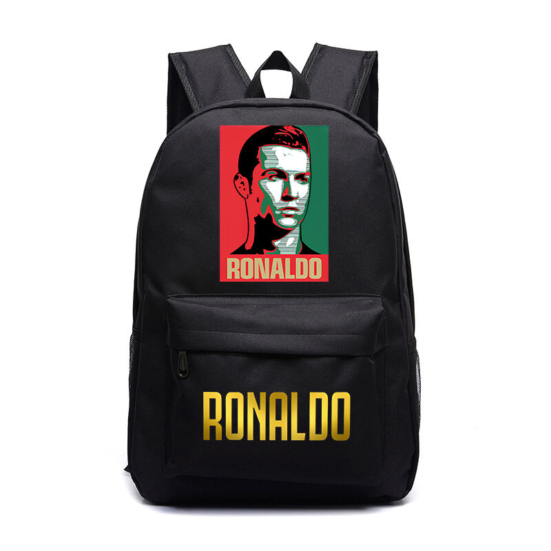 Ronaldo-mochila impressa preta para jovens, bolsa casual de viagem ao ar livre, adequada para meninos e meninas