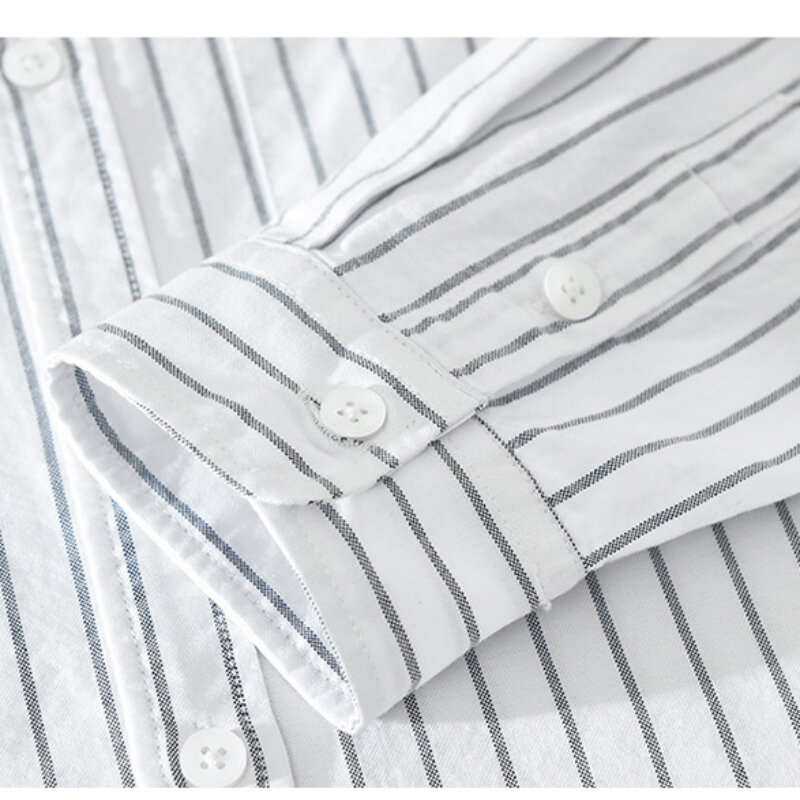 Camisa de manga larga informal versátil a rayas de algodón para hombres, camisa suelta literaria juvenil delgada, abrigo fino 100% de algodón para pesca y Camping