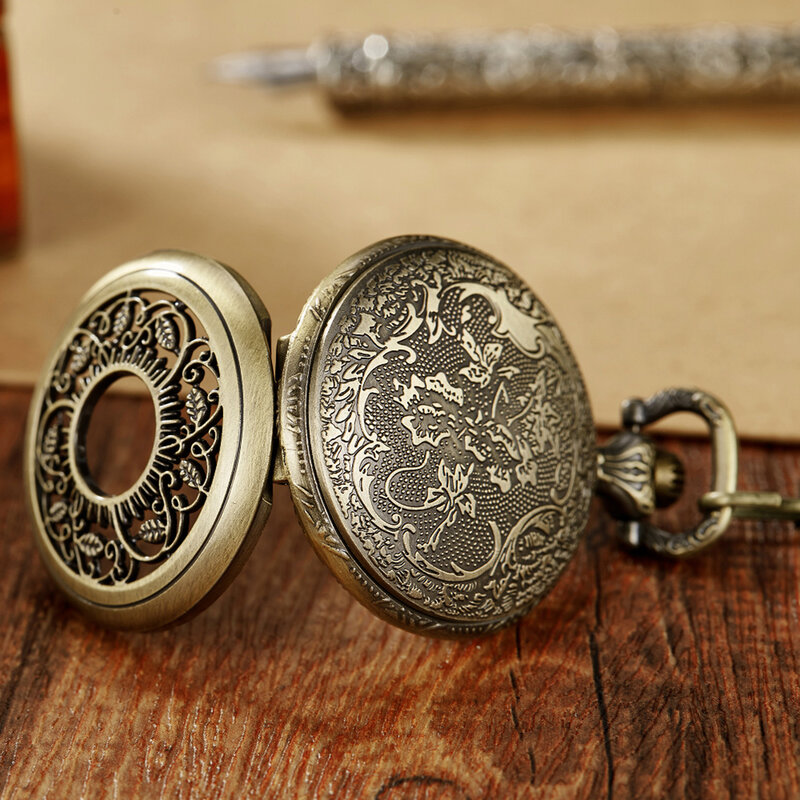 Relógio de bolso de quartzo de luxo para homens estojo vintage gravado oco colar de pingente masculino relógio de corrente fob presente para homem presente