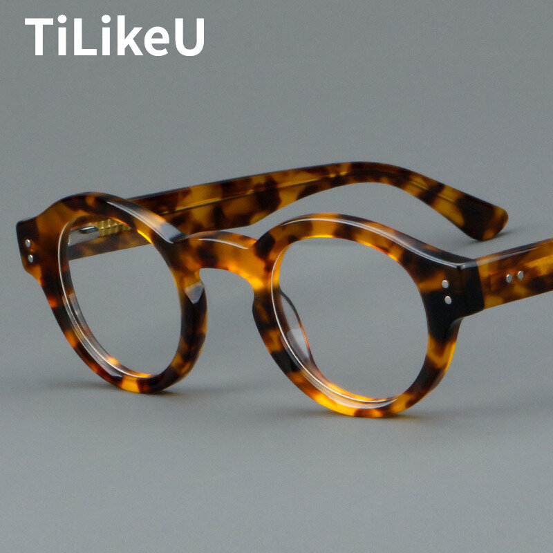 Tortoiseshell-Gafas de acetato puro para hombre y mujer, lentes ópticas redondas de tamaño pequeño para miopía, gafas de diseñador